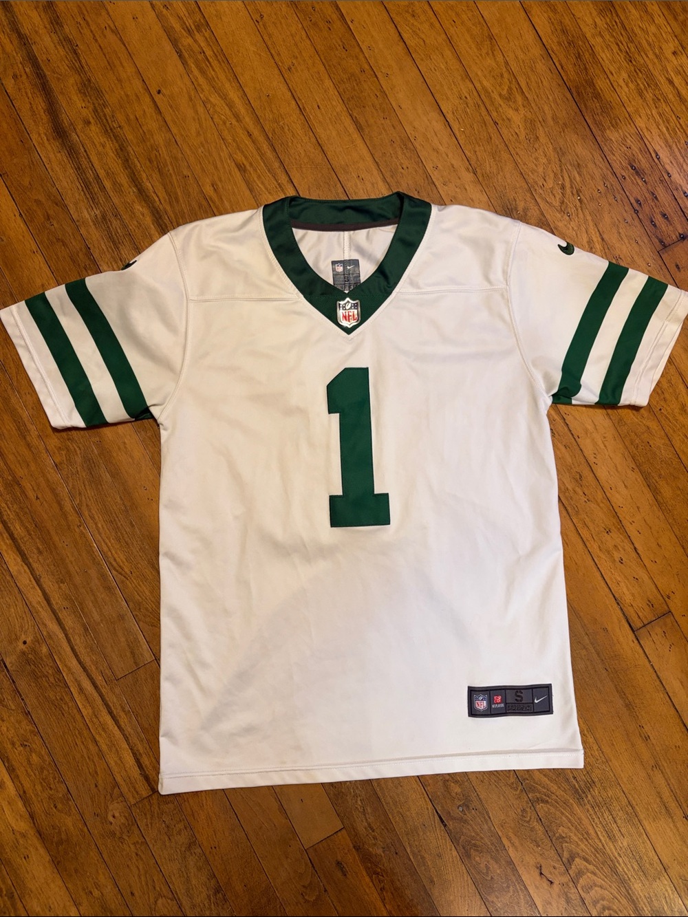 Nike White and Green Football Jersey #1, New York Jets - Sauce Gardner